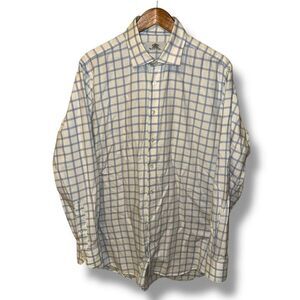 Oxxford Clothes White & Blue Check Flannel Button Down Shirt L